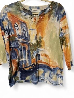 Alfred Dunner Blue and Cream Watercolor‎ Studded Knit Top